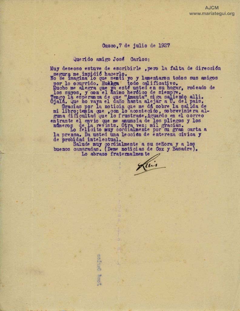 Carta de respuesta de Luis E. Valcárcel a su amigo y editor José Carlos Mariátegui a propósito de la 1era publicación de su libro "Tempestad en los Andes" por Ed. Minerva en 1927.